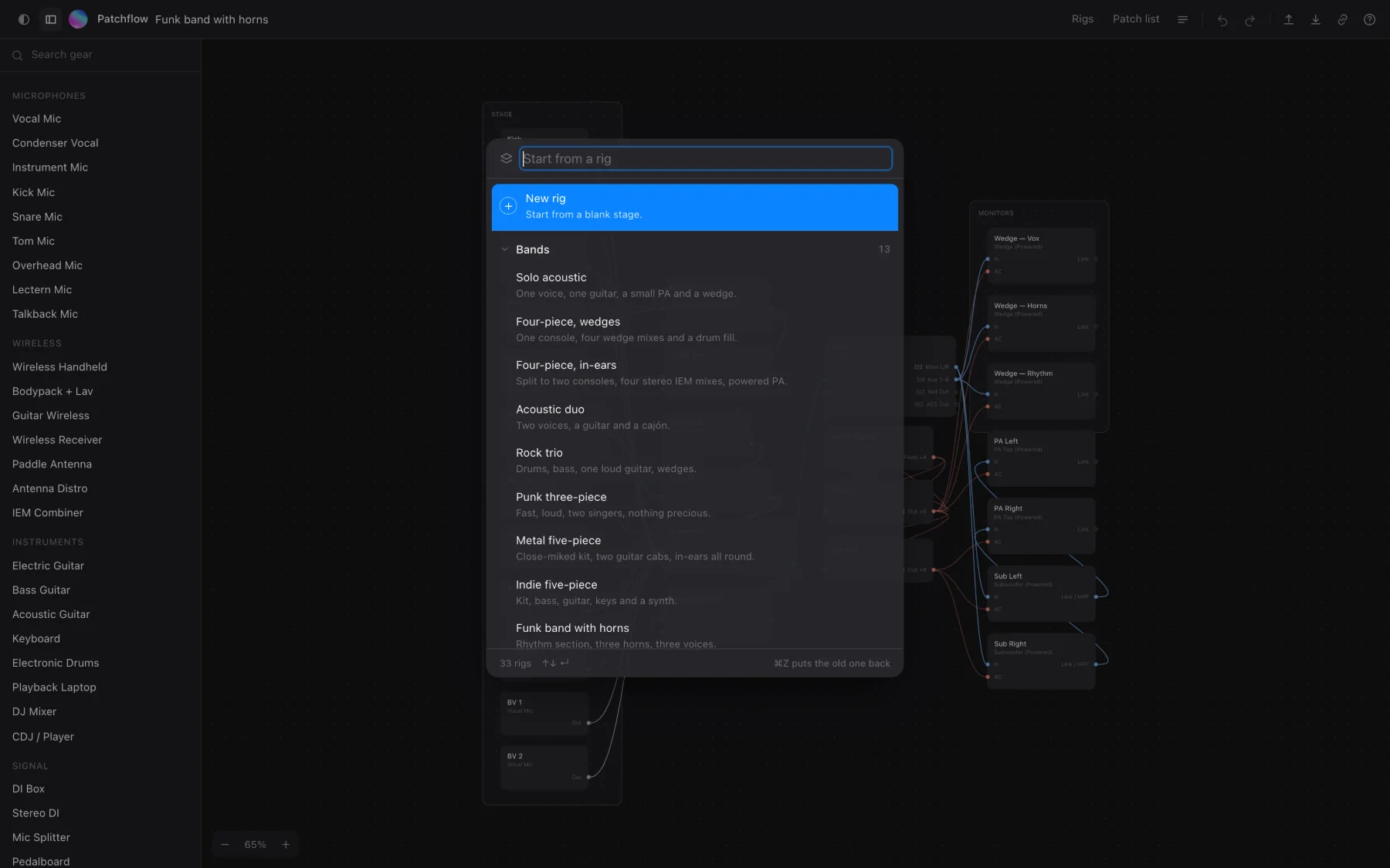 the rig sheet &mdash; grouped, searchable, one kind of show open at a time