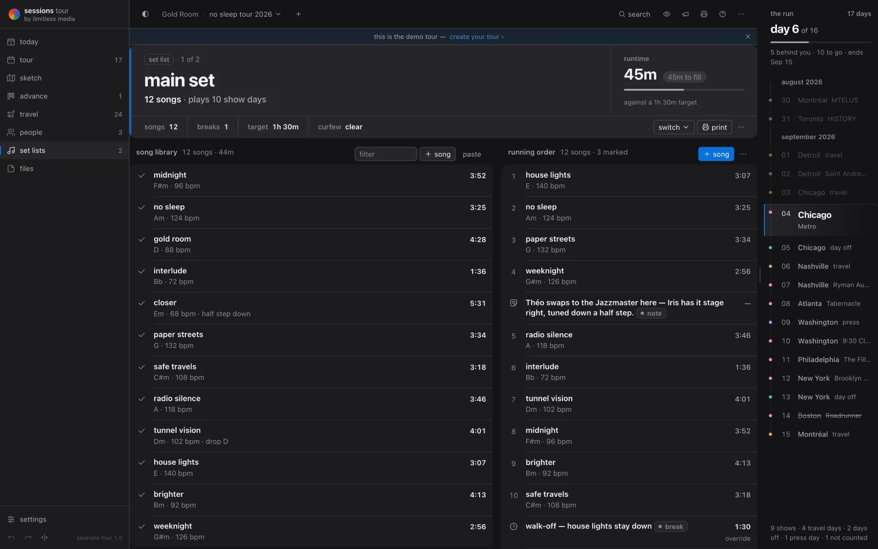 set lists &mdash; library, builder, running total